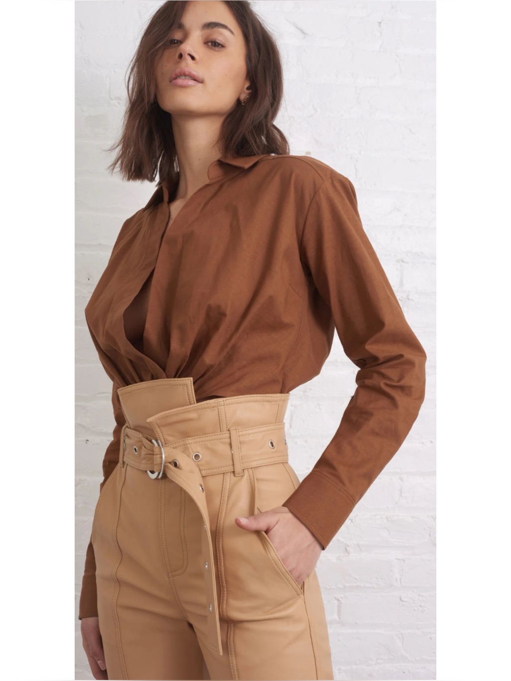 Nwot Marissa Webb Maxwell Linen Long Sleeve Wrap Brown Shirt In Bourbon Size M